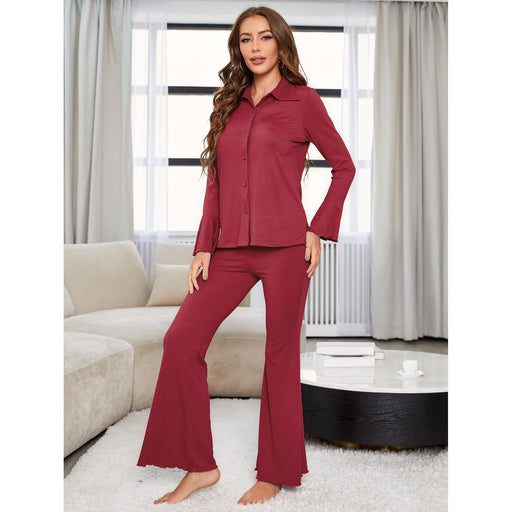 Color-Pajamas Women Autumn Winter Red Threaded Long Sleeve Home Wear Two Piece Set-Fancey Boutique