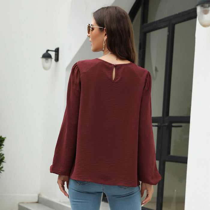 Color-Autumn Solid Color Pullover Lantern Sleeve Chiffon Shirt Top-Fancey Boutique