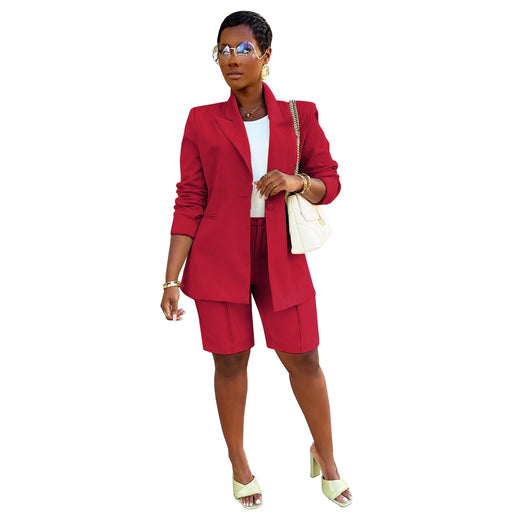 Color-Red-Women Clothing Suit Shorts Jacket Two-Piece Set Spring Summer Office-Fancey Boutique