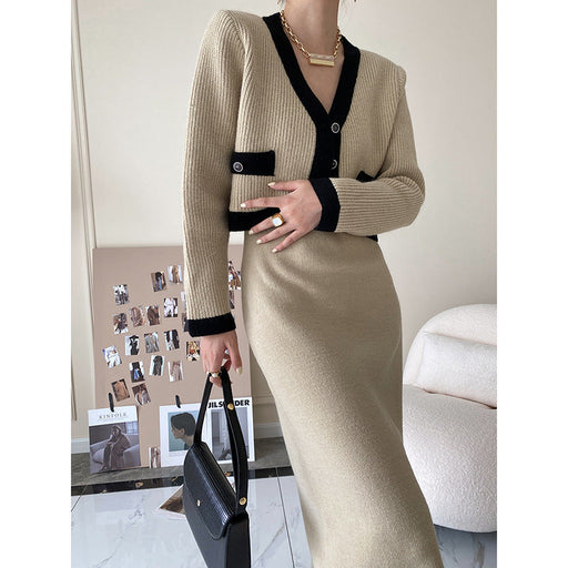 Color-Fragrant Dress Knitted Cardigan Two Piece Set Autumn Winter Gentle Slim Fit Suit-Fancey Boutique