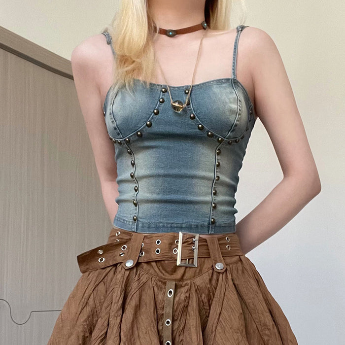 Color-Rivet Denim Split Stitching Sexy Sling Backless Lace up Waist Slimming Old Vest Skirt Sets-Fancey Boutique