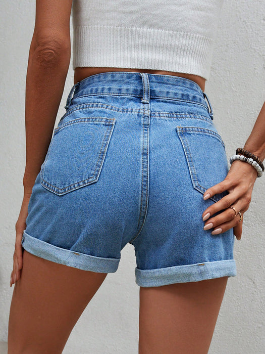 Color-Women Clothing Office High Waist Curling Denim Shorts-Fancey Boutique