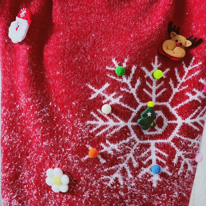 Color-Round Neck Long Sleeve Snowflake Christmas Theme Three Dimensional Decoration Christmas Sweater Scarf Two Piece Set-Fancey Boutique