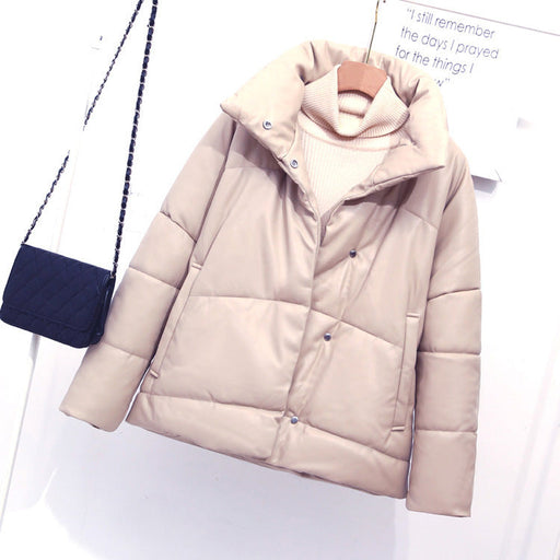 Color-Ivory-Winter Women Faux Leather Coat Single-Breasted Stand Collar Short Leather Coat Slim Jacket-Fancey Boutique