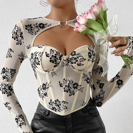 Color-Sexy Hollow Out Cutout Sexy Low Cut Long-Sleeved T shirt Love Decorative Steel Ring Boning Corset Slim Top-Fancey Boutique