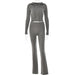 Color-Gray Suit-Knitted Hooded Women Sexy High Waist Long Sleeved Trousers Two Piece Set-Fancey Boutique
