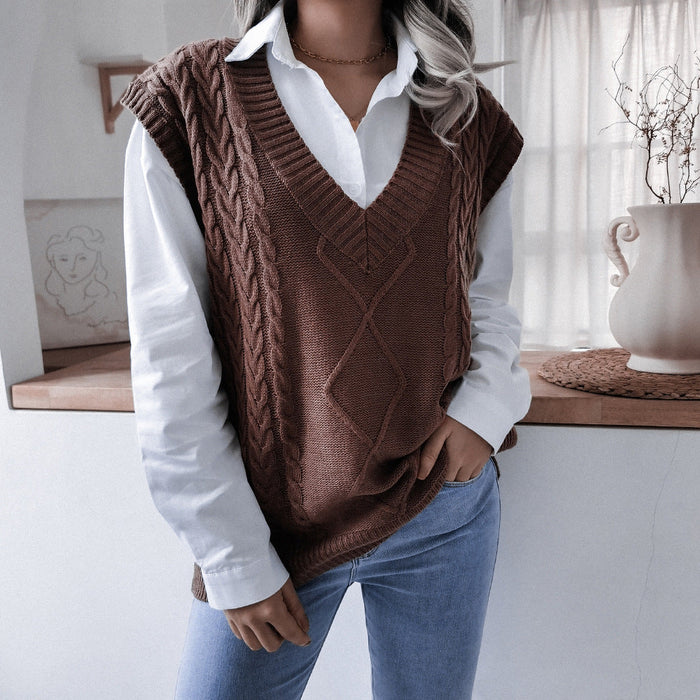 Color-Coffee-Autumn Winter V neck Twist Casual Loose Knitted Vest Sweater Waistcoat Women Clothing-Fancey Boutique