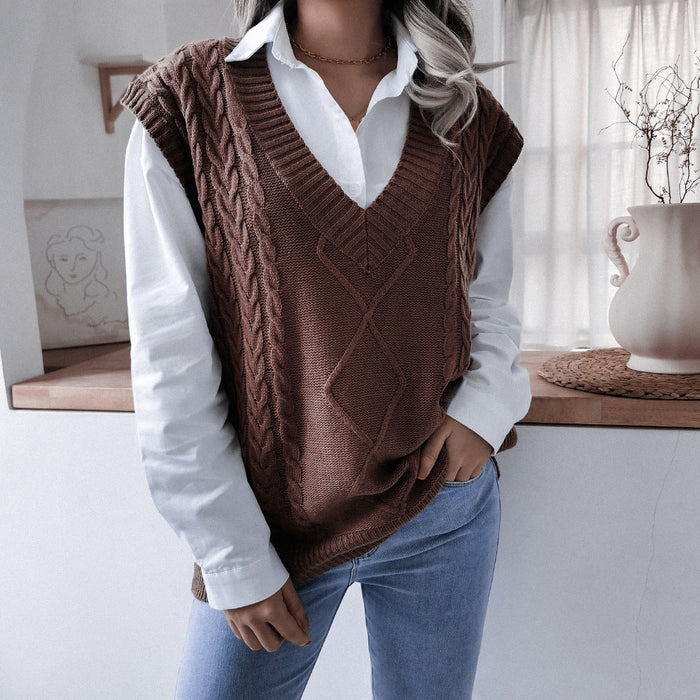 Color-Autumn Winter V neck Twist Casual Loose Knitted Vest Sweater Waistcoat Women Clothing-Fancey Boutique