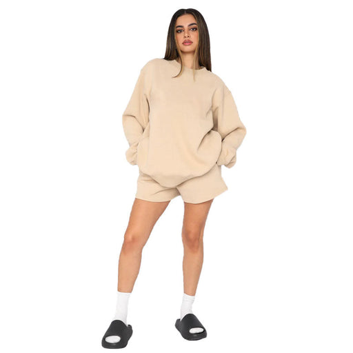 Color-Apricot-Cotton Autumn Winter Solid Color round Neck Pullover Long Sleeve Sweater Women Casual Shorts Set-Fancey Boutique