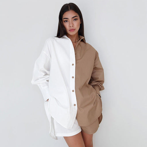 Color-Khaki-Spring Summer Women Wear New Contrast Color Long Sleeves Shirt Shorts Two Piece Cotton Linen Casual Fashion Set-Fancey Boutique