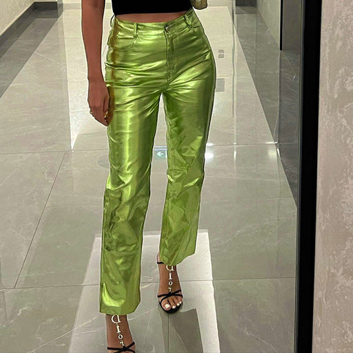 Color-Green-Women Clothing Autumn High Waist Faux Leather Pants Women Candy Colored Casual Pants-Fancey Boutique