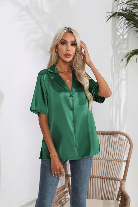 Color-blackish green-Collar Satin Shirt Women's Satin Artificial Silk Short Sleeve Shirt Amoi Women's Clothing-Fancey Boutique