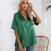 Color-blackish green-Collar Satin Shirt Women's Satin Artificial Silk Short Sleeve Shirt Amoi Women's Clothing-Fancey Boutique