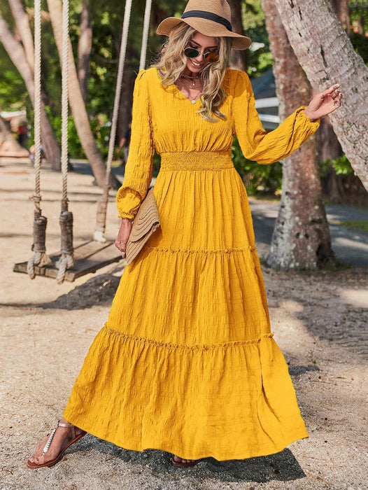 Color-Turmeric-Long Sleeve Dress Autumn Winter Office Women Maxi Dress-Fancey Boutique