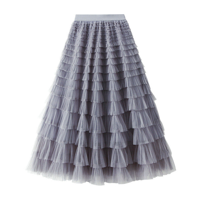 Color-Gray-Mesh Tiered Skirt Women Spring Autumn Dress Fairy White Yarn Skirt Pleated-Fancey Boutique