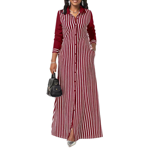 Color-Red-Ladies Casual Shirt Women Outer Wear Striped Long Sleeve Shirt Dress Women Clothing-Fancey Boutique