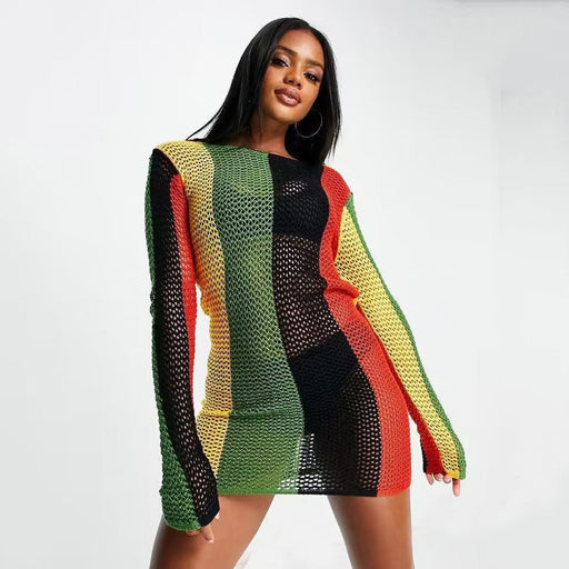 Color-Multicolor-Hollow Out Cutout Knitted Long Sleeve Sun Protection Overshirt Bikini Swimsuit Outwear Sexy Backless Pullover Beach Cover Up-Fancey Boutique