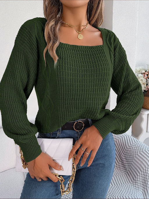 Color-Army Green-Autumn Winter Casual Solid Color Square Collar Twist Lantern Sleeve Knitted Pullover Sweater Women Clothing-Fancey Boutique