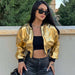 Color-Women Clothing Autumn Winter Metallic Coated Fabric Personalized Metallic Zipper Cardigan Exposed Cropped Coat Top Women-Fancey Boutique