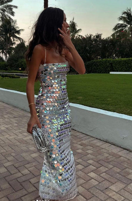 Color-Summer High-End Sequined Light Luxury Strap Dress Cocktail Host Annual Meeting Dress Women-Fancey Boutique