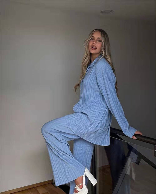 Color-Blue-Spring Summer Solid Color Texture Loose Slimming Pleated Casual Suit textured-Fancey Boutique