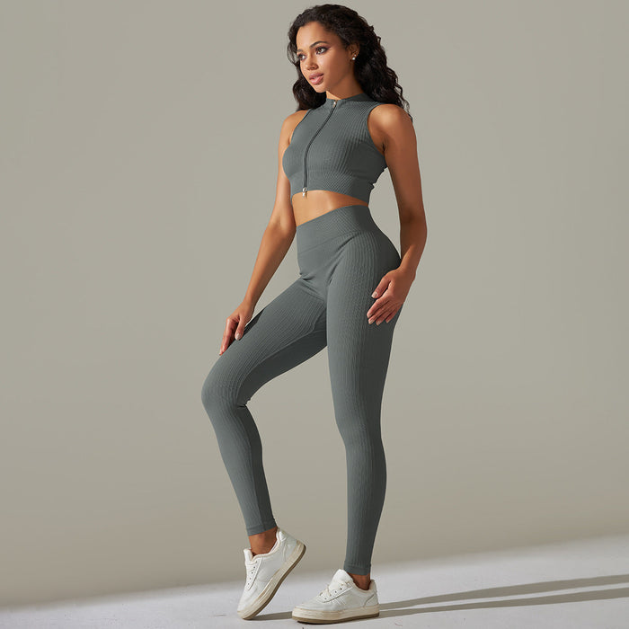 Color-Dark Gray-Seamless Knitted Zipper Thread Sexy Sports Vest Pants Yoga Clothes Fitness Suit Women-Fancey Boutique