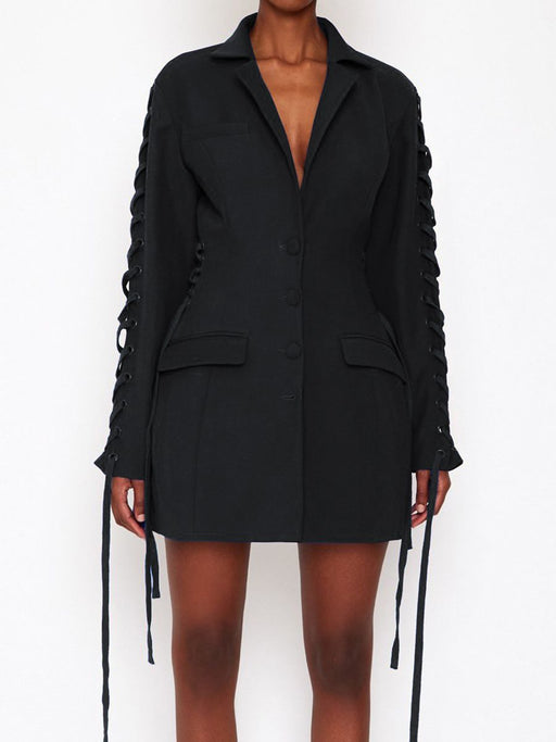 Color-Black-Women Clothing Lace Up Waist Tight Mid Length Blazer Dress-Fancey Boutique