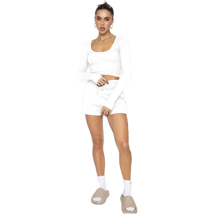Color-White-Spring Waffle Solid Color U Neck Long Sleeved Short Women Clothing Casual Shorts Suit-Fancey Boutique