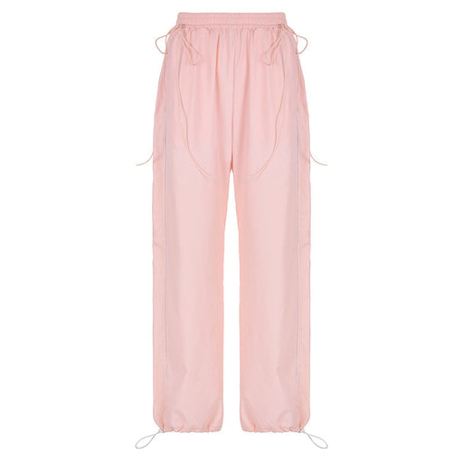 Color-Pink Pants-Pink Gentle Younger Thin Lace up Women Pants Set Elastic Waist Loose Figure Flattering Straight Leg Pants-Fancey Boutique