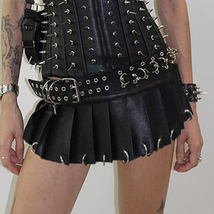 Color-Black-Street Punk Velcro One Piece Leather Skirt Personalized Heavy Industry Metal Ring Buckle Sexy Mini Skirt-Fancey Boutique