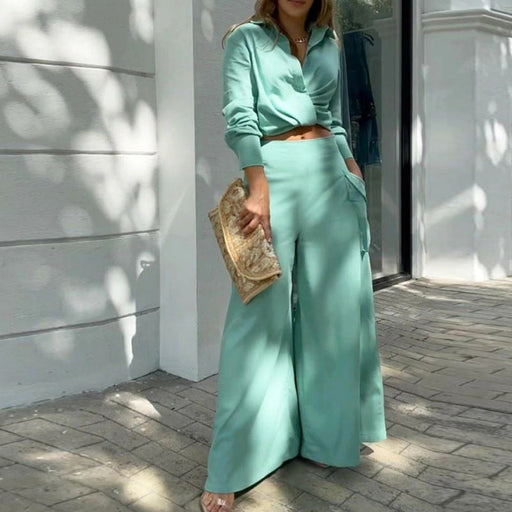 Color-Emerald Green-Fall Women Clothing Two Piece Set Simple Solid Color Shirt Casual Set-Fancey Boutique