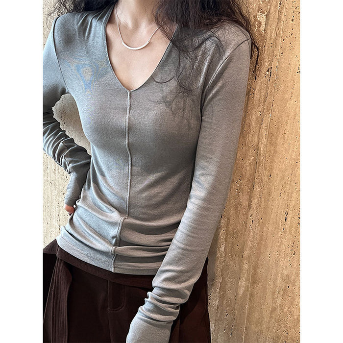 Color-High End Minimalist Mid Seam V neck Long Sleeve Bottoming Shirt Spring Slim Top-Fancey Boutique