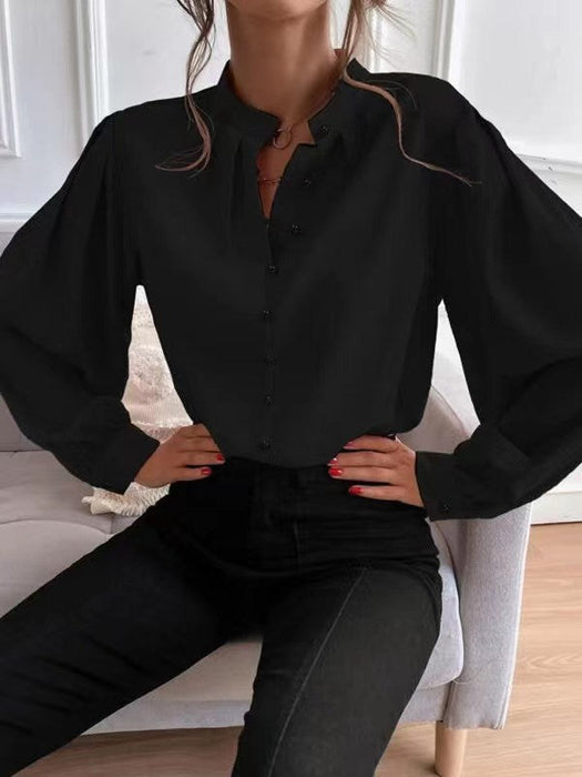Color-Black-Women Shirt Autumn Elegant Solid Color Collared Long Sleeve Single Row Button Loose Women Top-Fancey Boutique