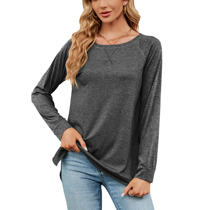 Color-Dark Grey-Autumn Winter round Neck Contrast Color Loose Long-Sleeved T-shirt Split Top Women-Fancey Boutique