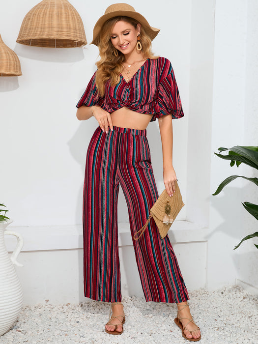 Color-Women Clothing Women Urban Striped Trousers Short Sleeved Top Two Piece Set-Fancey Boutique