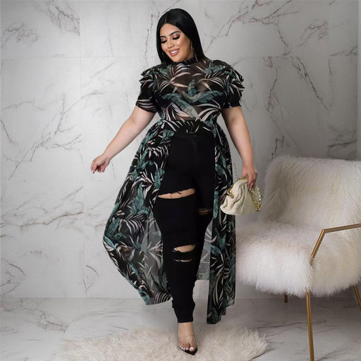 Color-plus Size Women Nightclub Uniforms Oversleeves Mesh Hollow Out Cutout Dress Top-Fancey Boutique
