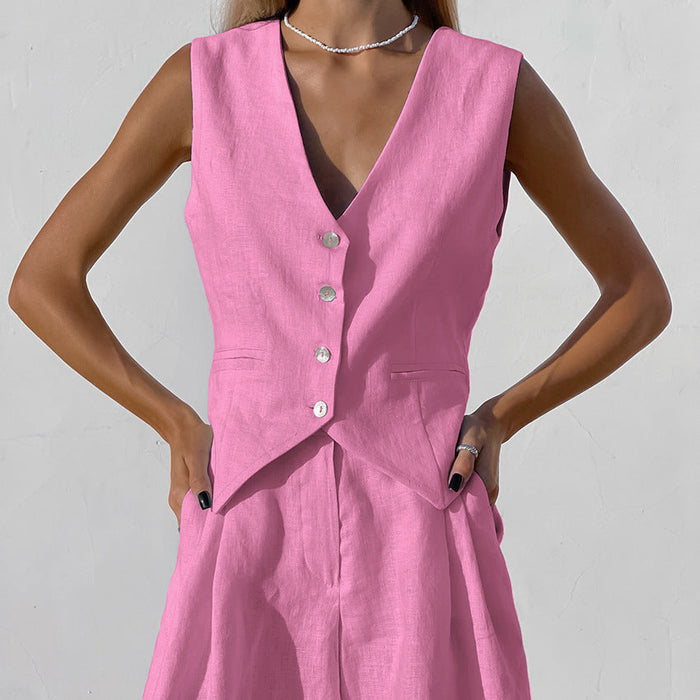 Color-Pink-Design Cotton Linen Suit Vest Suit Women Summer Casual Sleeveless Tank Top Shorts Two Piece Suit-Fancey Boutique