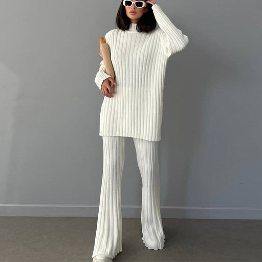 Color-High Neck Ribbing Knitting Set Women Autumn Winter Pullover Sweater Pants Woolen Two Piece Set-Fancey Boutique