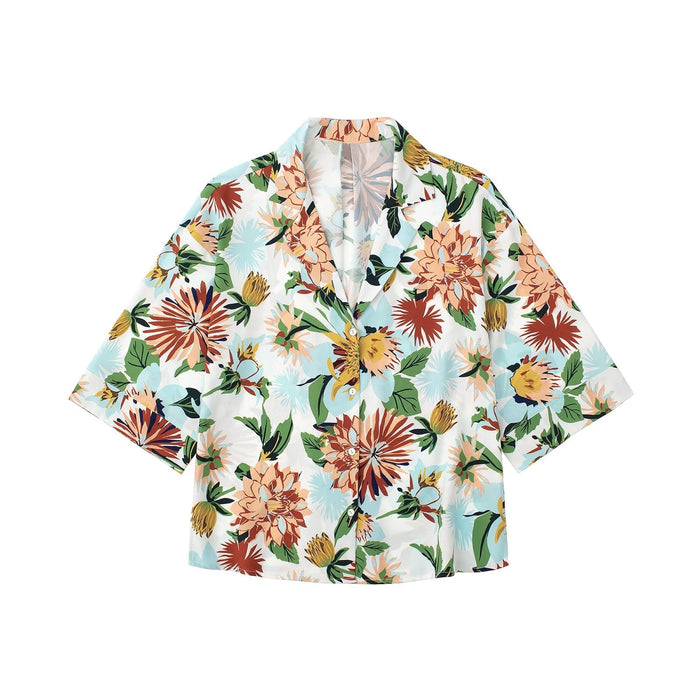 Color-Multi-Summer Women Collared Floral Print Wide Sleeve Single-Breasted Shirt Top-Fancey Boutique