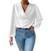 Color-White-Long Sleeved Shirt Loose Draped V neck Top T shirt Women Clothing-Fancey Boutique