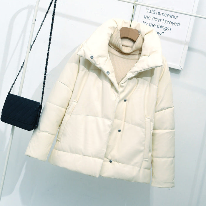 Color-White-Winter Women Faux Leather Coat Single-Breasted Stand Collar Short Leather Coat Slim Jacket-Fancey Boutique