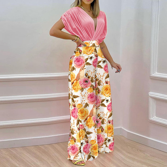 Color-Women Clothing Summer Elegant V neck Printed Wide Leg Pants Casual Set-Fancey Boutique