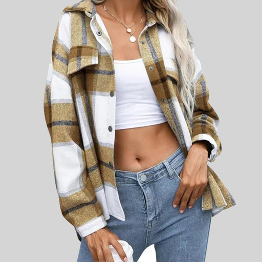 Color-Woolen Plaid Long Sleeve Turn Down Collar Coat Thick Casual Loose Shirt-Fancey Boutique