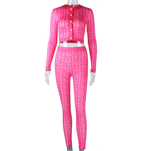 Color-Coral Red-Women Clothing Autumn Winter Printed Button Back Pants Zipper Casual Suit-Fancey Boutique
