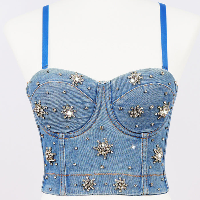 Color-Popular Beaded Vest Low Cut Sling High Waist Cropped Shaping Tube Top Korean Denim Beauty Back Bottoming Shirt Women-Fancey Boutique