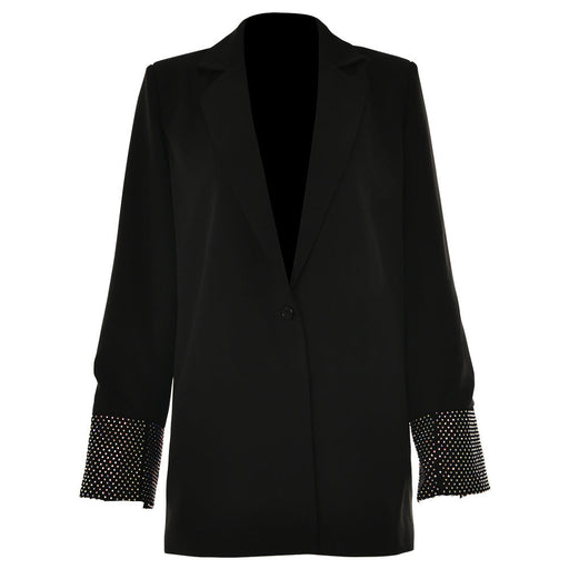 Color-Black-Spring Net Drill Women Casual Long Sleeve Collared Button Blazer-Fancey Boutique