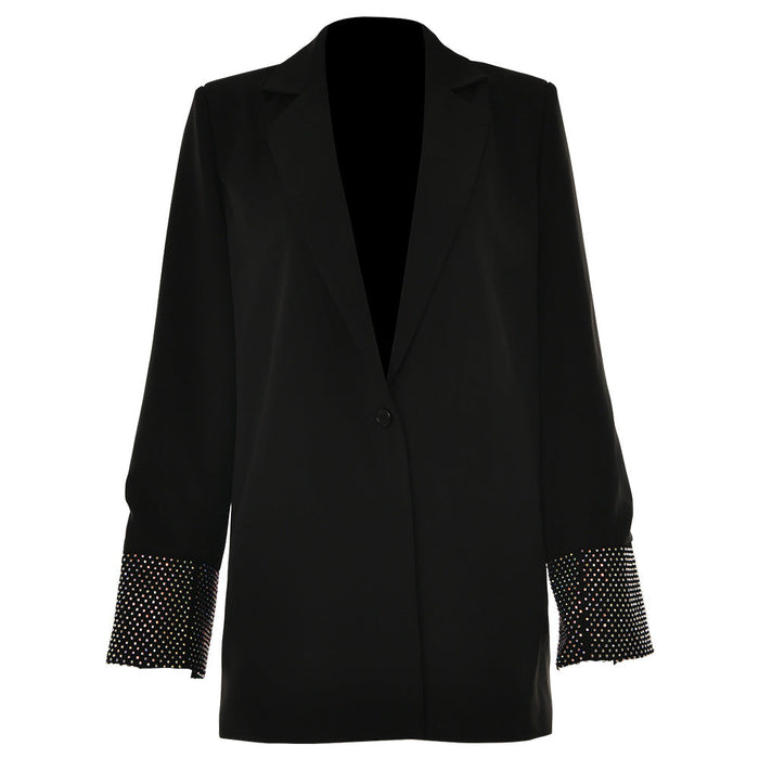 Color-Black-Spring Net Drill Women Casual Long Sleeve Collared Button Blazer-Fancey Boutique