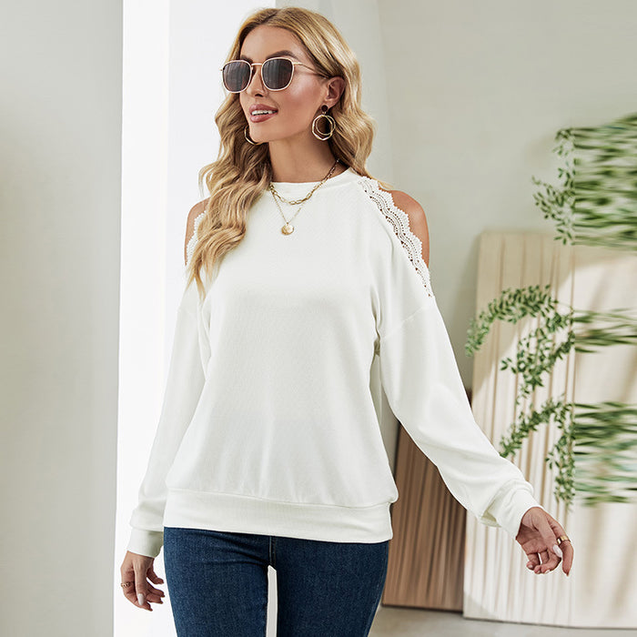 Color-Fall Winter Lace Stitching Sexy off-Shoulder Casual T Sweatshirt-Fancey Boutique