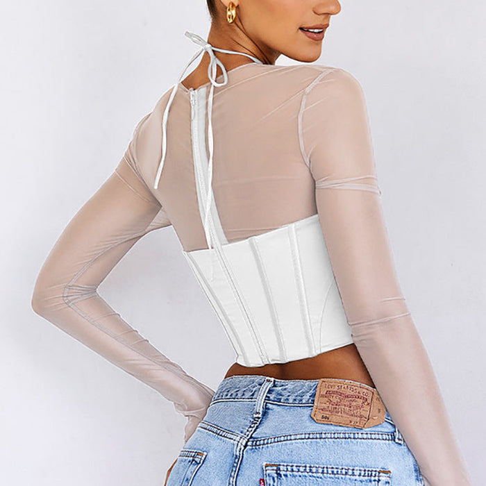 Color-Women Clothing Summer Sexy Boning Corset Boning Corset Hollow Out Cutout out See-through Mesh Satin T shirt Top for Women-Fancey Boutique