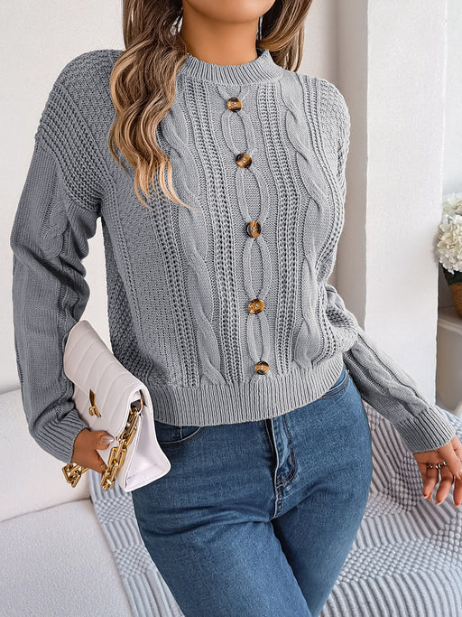 Color-Autumn Winter Casual Solid Color Buttons Twist Long Sleeve Pullover Sweater Women Clothing-Fancey Boutique